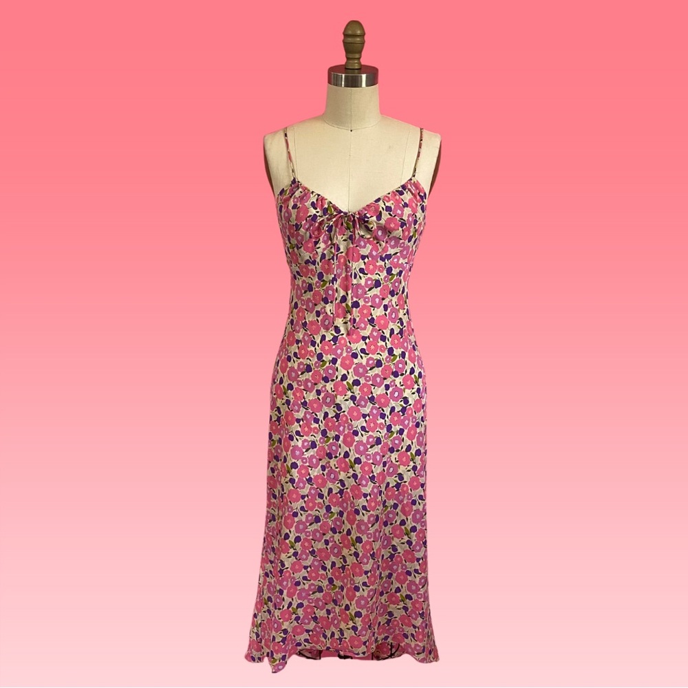 Vintage 90s/Y2K Spaghetti Strap Draw String Empire Waist Maxi Dress Hi-Lo Hem S